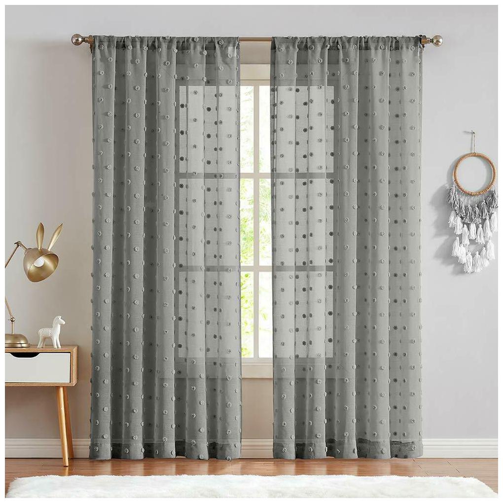 

Sheer Window Curtains Textured Rod Pocket Voile Bedroom Embroidered with Pom Pom