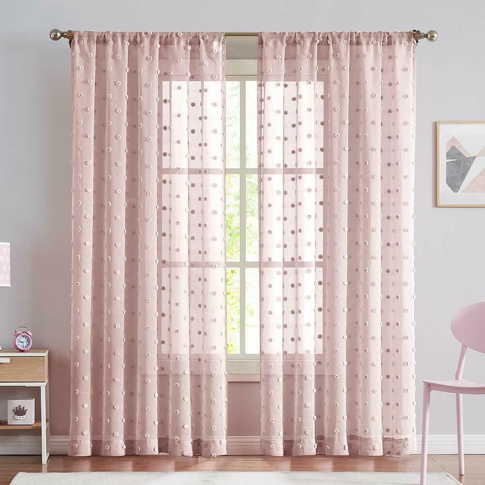 

Sheer Window Curtains Textured Rod Pocket Voile Bedroom Embroidered with Pom Pom