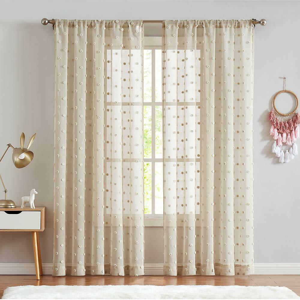 

Sheer Window Curtains Textured Rod Pocket Voile Bedroom Embroidered with Pom Pom