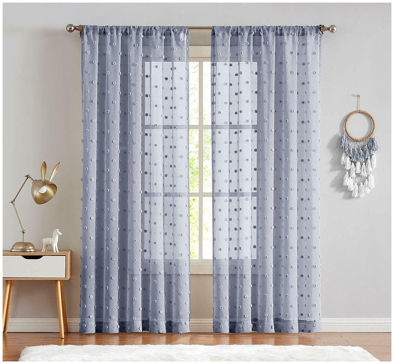 

Sheer Window Curtains Textured Rod Pocket Voile Bedroom Embroidered with Pom Pom
