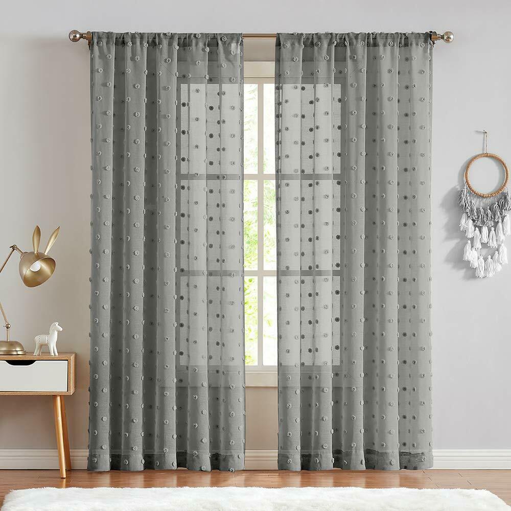 

Sheer Window Curtains Textured Rod Pocket Voile Bedroom Embroidered with Pom Pom