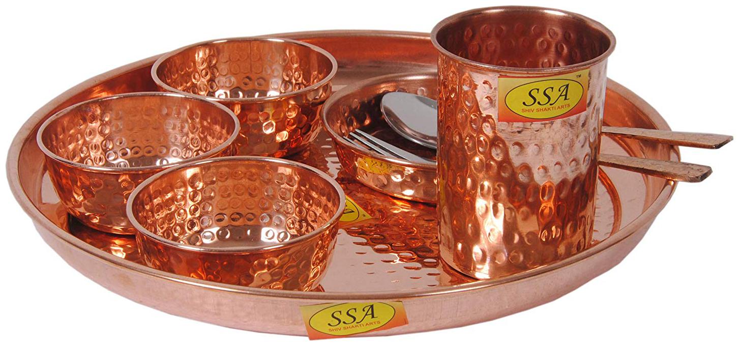 

Shiv Shakti Arts Hammered Traditional Design Copper Thali Set Multicuisine Dinnerware Pieces 8 Pieces Set