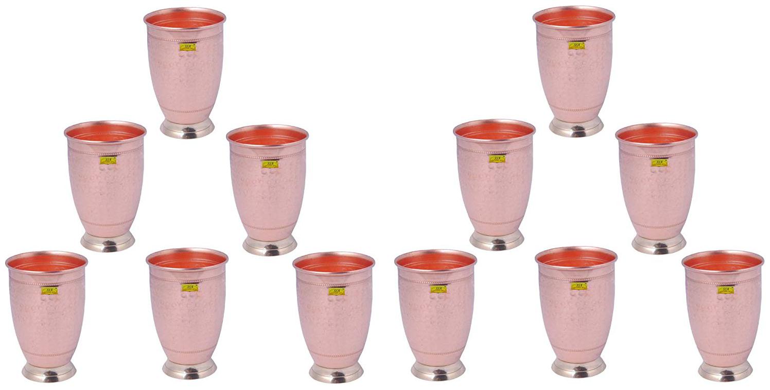 

Shiv Shakti Arts Set Of 12 14 cm X 8 cm Handmade Pure Copper Glass Tumbler Hammered Design With Brass Base Capacity 300 ml Each