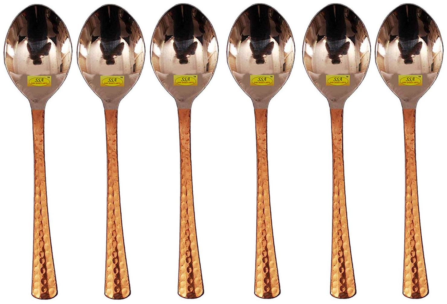 

Shiv Shakti Arts Handmade Pure Steel Copper Spoon Dessert Spoon Dining Spoon Hammered Designed Homeware Hotelware Set Of 6