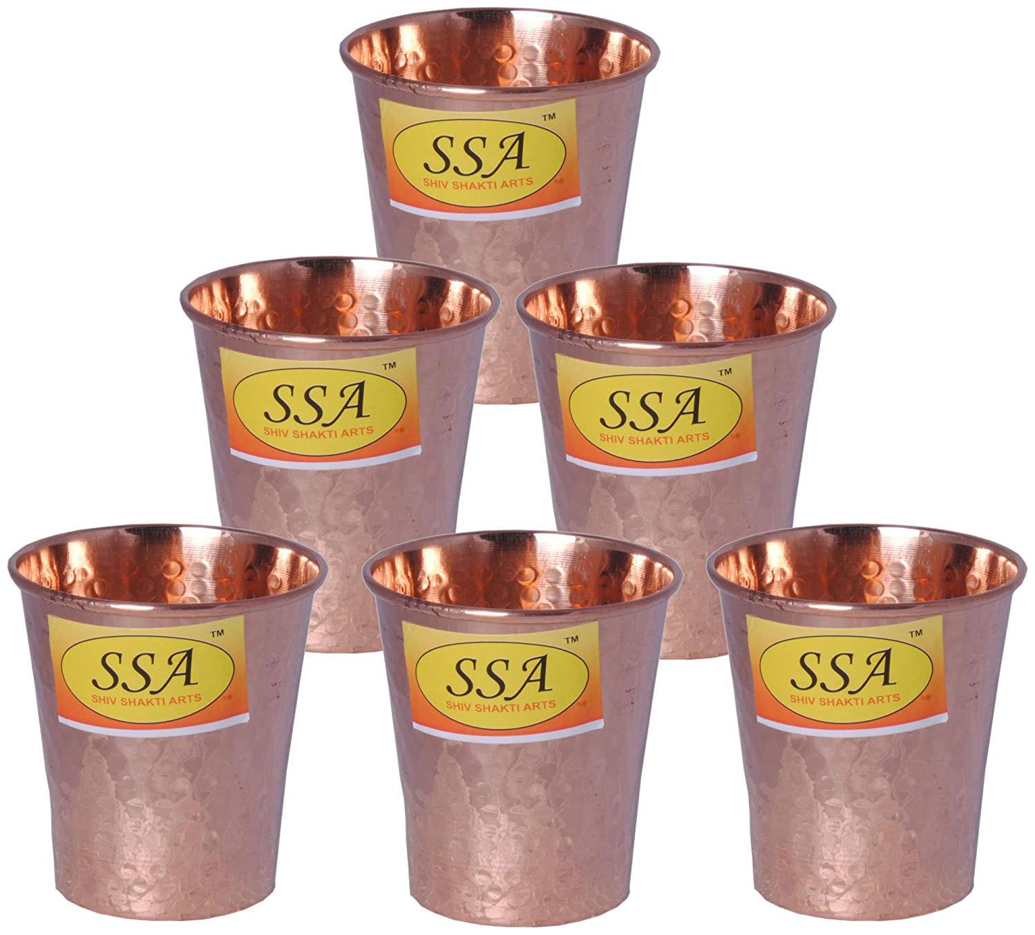 

Shiv Shakti Arts Handmade Pure Set Of 6 Copper Glass Hammered Design With Flat Base Volume 200 ml each