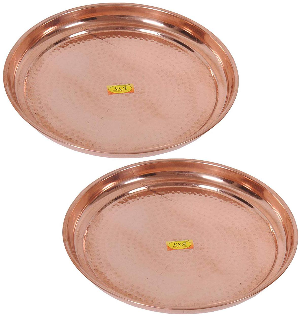 

Shiv Shakti Arts Handmade Pure Copper Plate Large Sized Hammered Deisgned Thali Dish Kitchenware Serveware Diameter-32 cm Set of 2