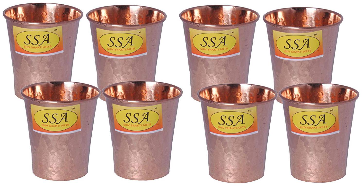 

Shiv Shakti Arts Handmade Pure Set Of 8 Copper Glass Hammered Design With Flat Base Volume 200 ml each