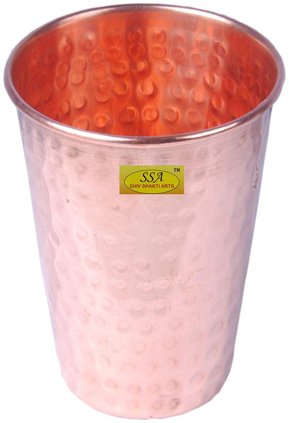 

Shiv Shakti Arts 13 cm X 8 cm Handmade Pure Copper Glass Hammered Design With Small Base Drinkware Water Storage Volume 300 ml