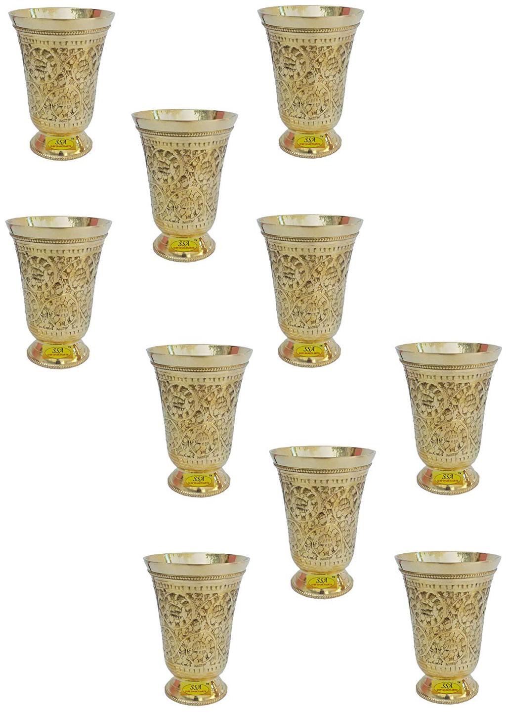 

Shiv Shakti Arts Handmade Set Of 10 Pure Brass Glass Embossed and Leaf Design With Brass Base Volume 350 ml each