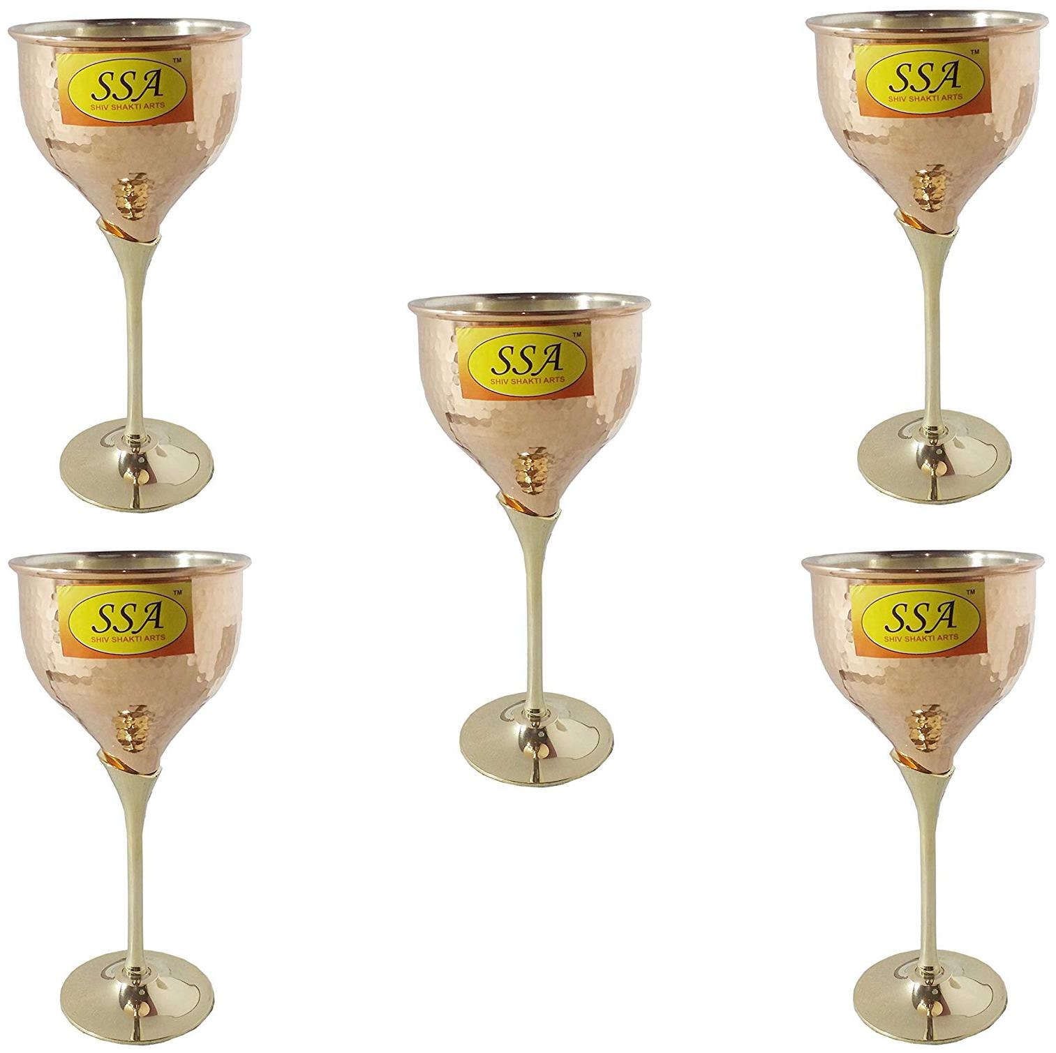

Shiv Shakti Arts Handmade Pure Set Of 5 Copper Glass Chamapgne Design With Brass Base Inside Nickel Restaurant ware Volume 350 ml each