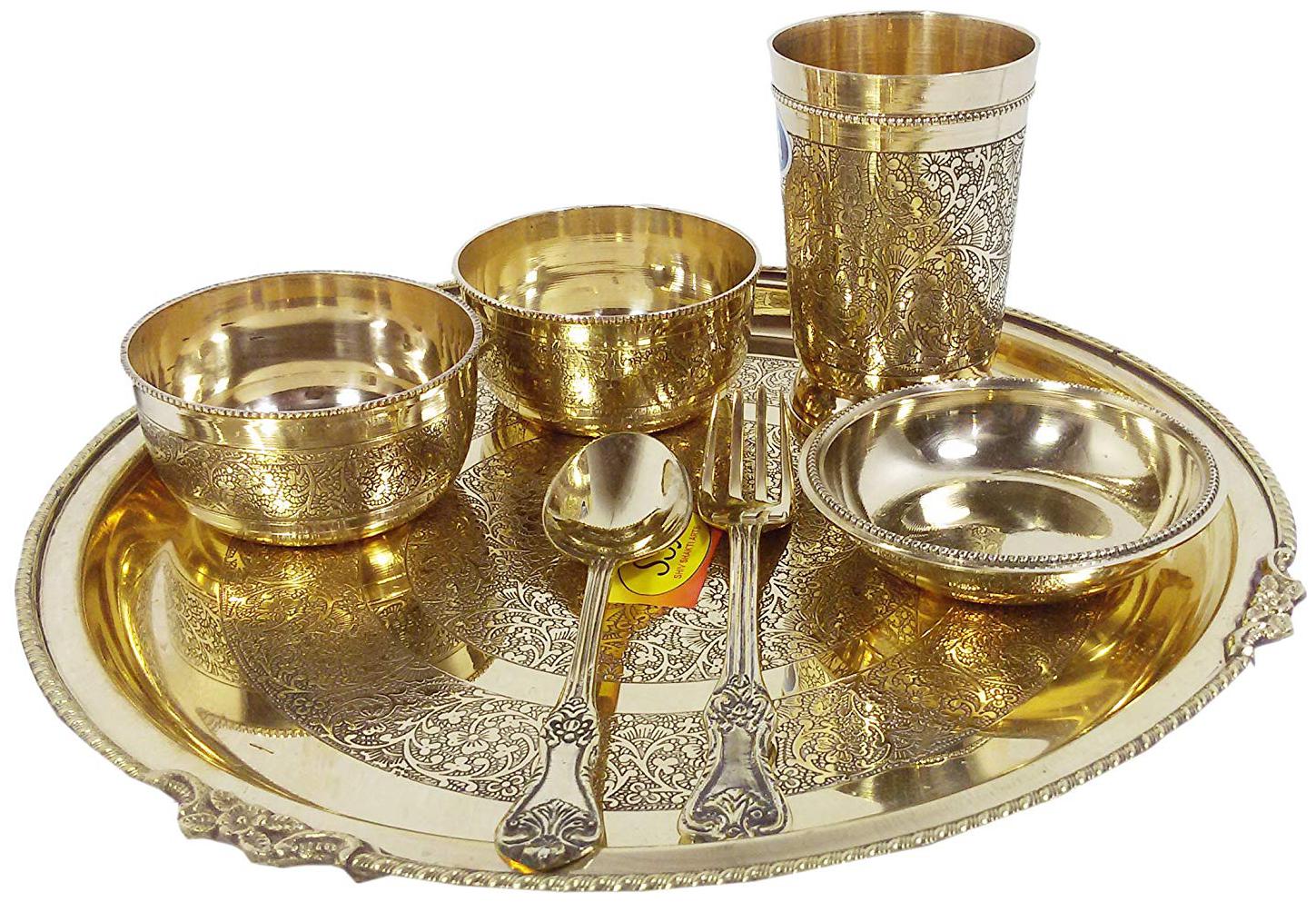 

Shiv Shakti Arts Brass Thali Set 7 pcs 2 brass bowls1 glass1 plate 1 Puding Plate 1 Fork and 1 Spoon Yellow