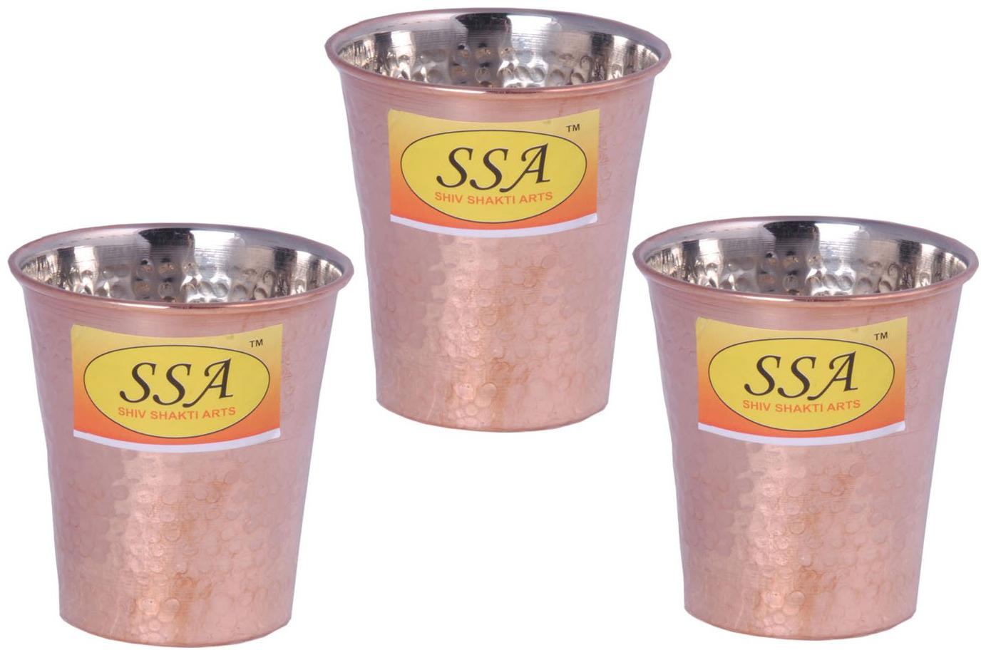 

Shiv Shakti Arts Handmade Pure Set Of 3 Copper Glass Inside Nickel Hammered Design With Flat Base Volume 200 ml