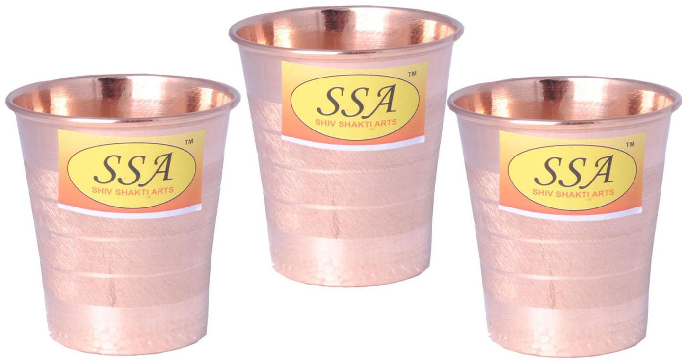 

Shiv Shakti Arts Handmade Pure Set Of 3 Copper Glass With Flat Base and Silver Touch Luxury Design Volume 200 ml