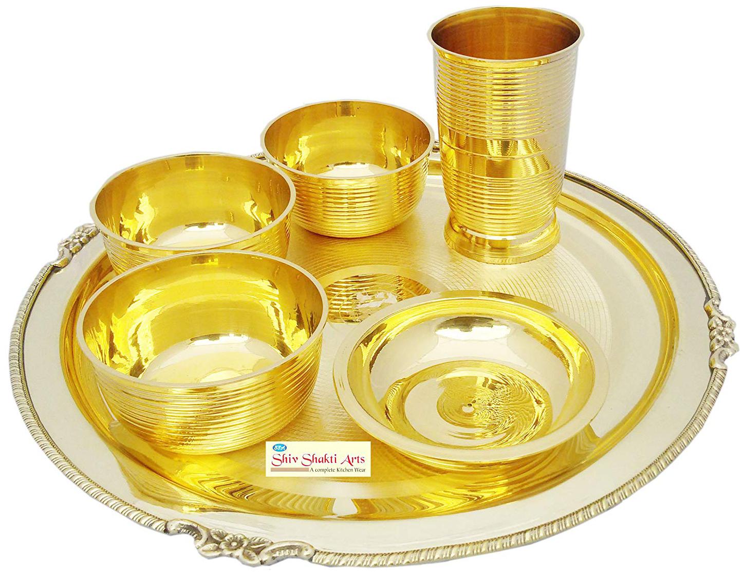 

Shiv Shakti Arts Golden Design Brass Thali Set 6 pcs 3 brass bowls1 glass1 plate and 1 rice plate restaurant ware Home Hotel