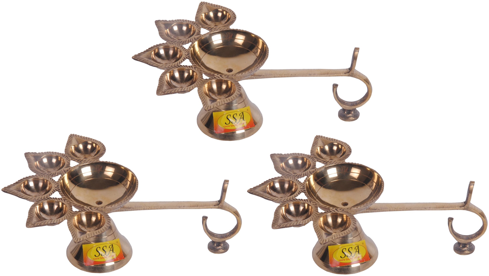 

Shiv Shakti Arts Handmade Treditional Deisgner Pure Brass Panch Aarti Deepak Oil Lamp Lining Design Length - 8 CM For Diwali Navratri Pooja Set Of 3