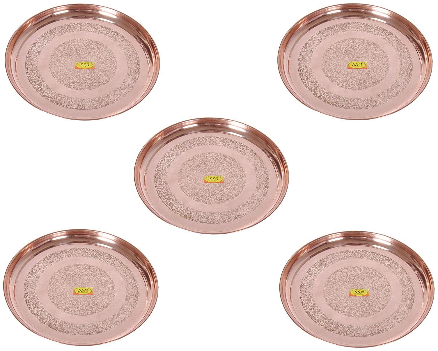 

Shiv Shakti Arts Handmade Pure Copper Plate Embossed Deisgned Round Shaped Kitchenware Serveware Diameter-29 cm each set Of 5