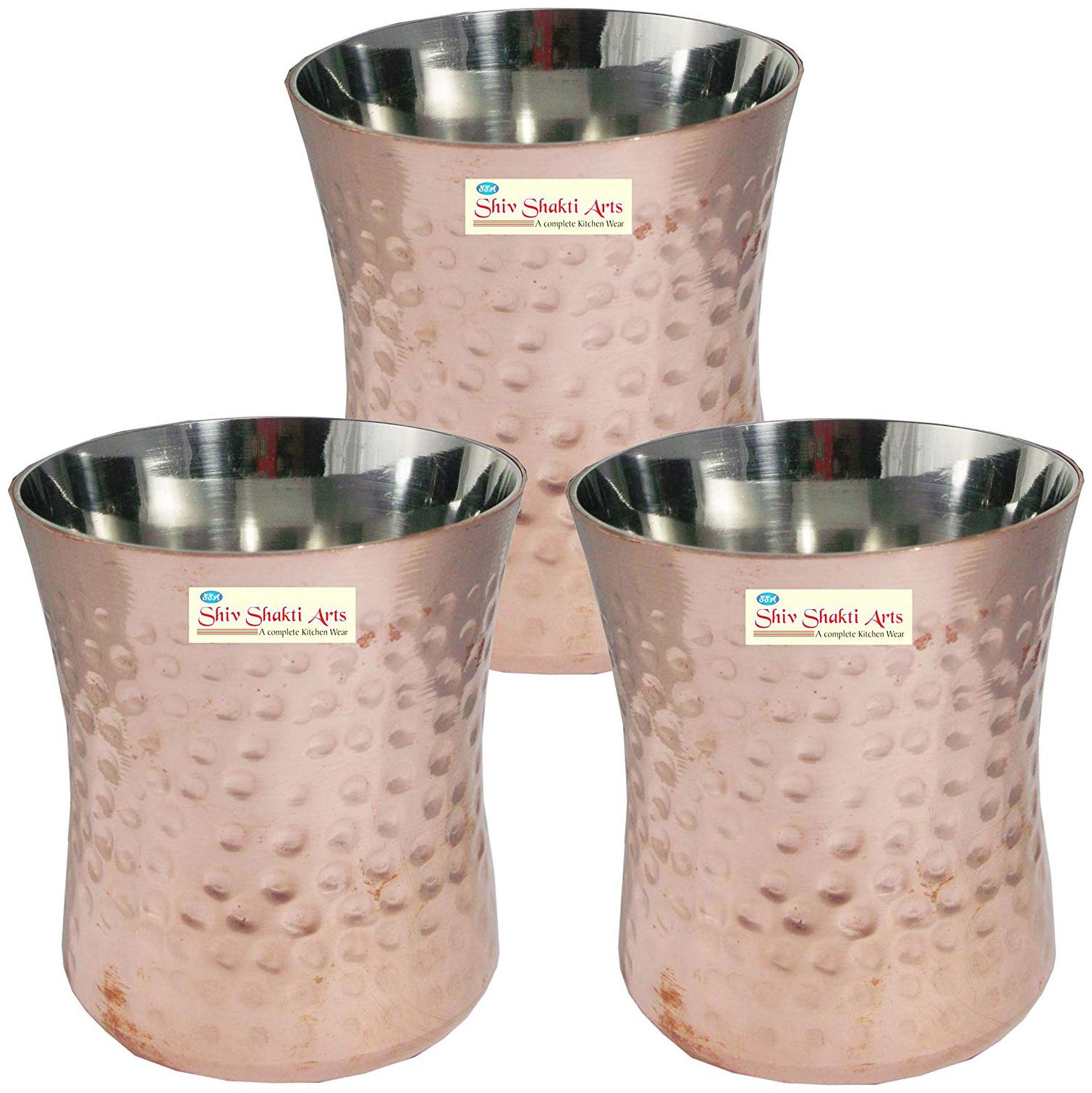 

Shiv Shakti Arts Handmade Set Of 3 Pure Steel Copper Glass Hammered Design Curved Shape Volume 200 ml each