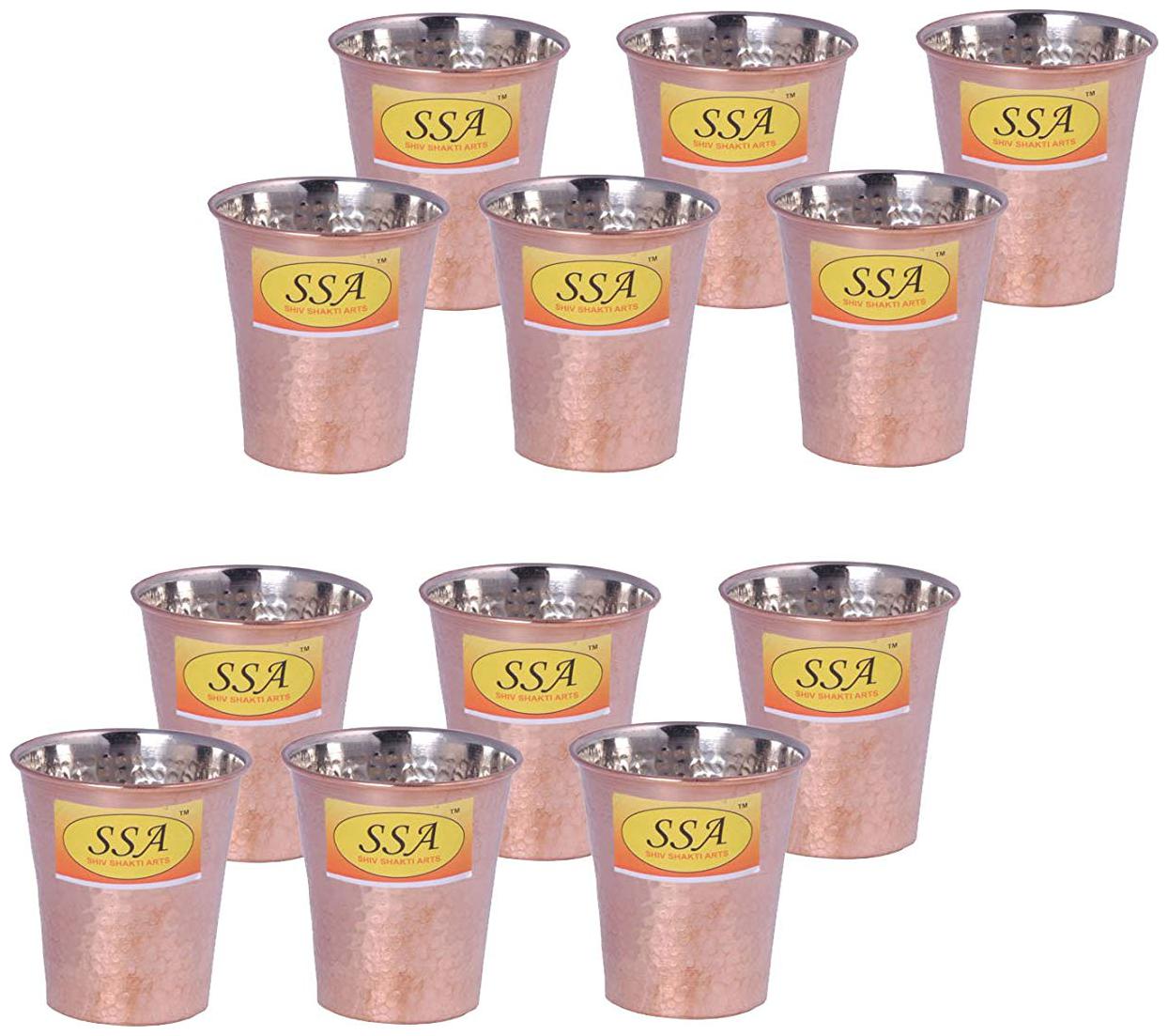 

Shiv Shakti Arts Handmade Pure Set Of 12 Copper Glass Inside Nickel Hammered Design With Flat Base Volume 200 ml