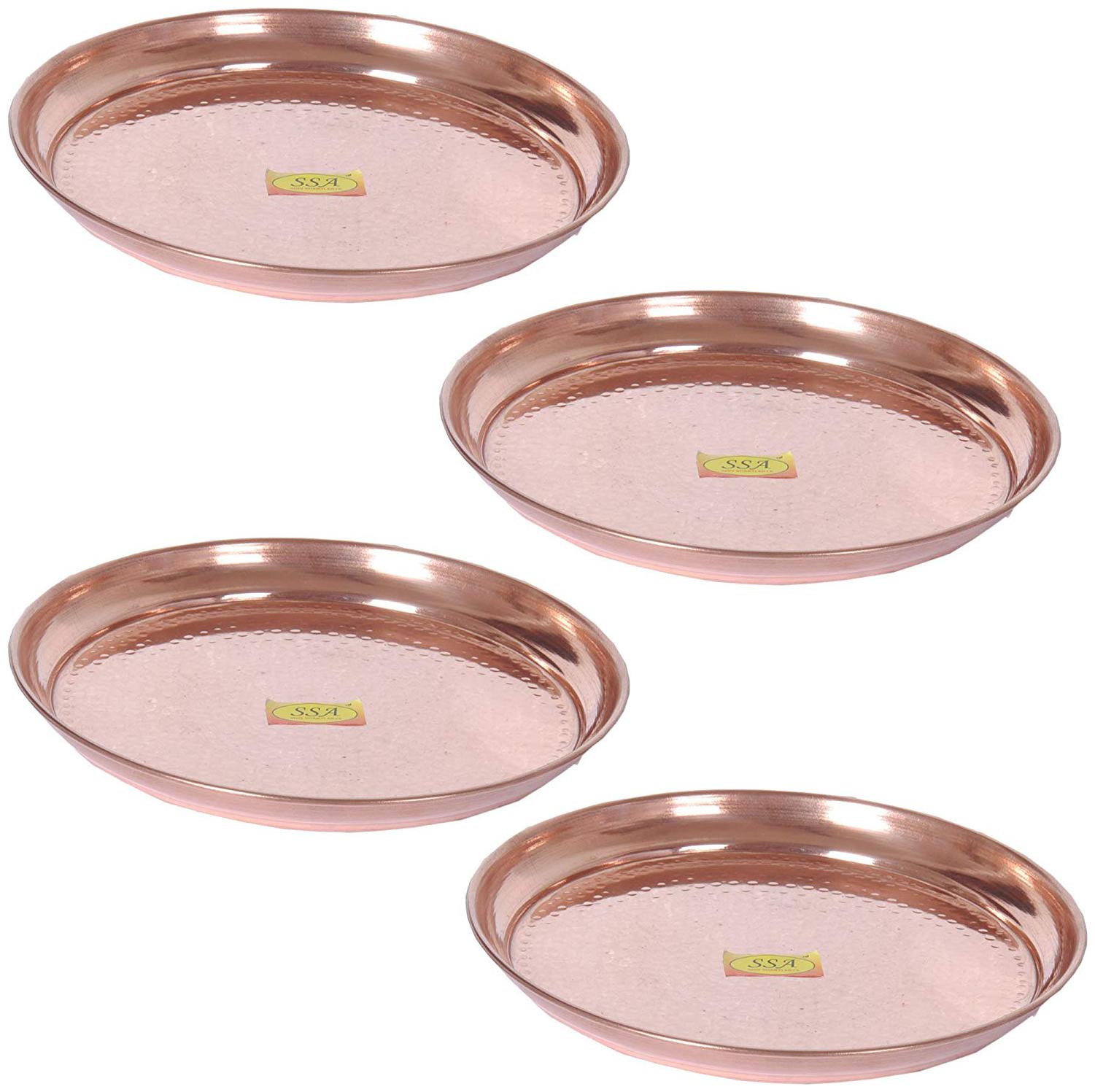 

Shiv Shakti Arts Handmade Pure Copper Plate Small Sized Hammered Deisgned Thali Dish Kitchenware Serveware Diameter-24 cm Each Set of 4