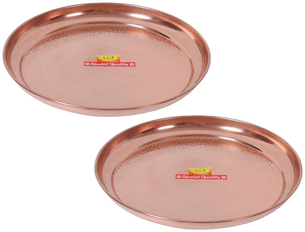 

Shiv Shakti Arts Handmade Pure Copper Plate Large Sized Hammered Deisgned Thali Dish Kitchenware Serveware Diameter-31 5 cm Set of 2