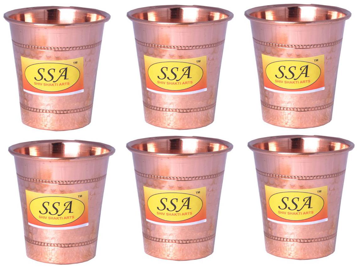 

Shiv Shakti Arts Handmade Pure Set Of 6 Copper Glass Hammered Design With Flat Base Volume 200 ml