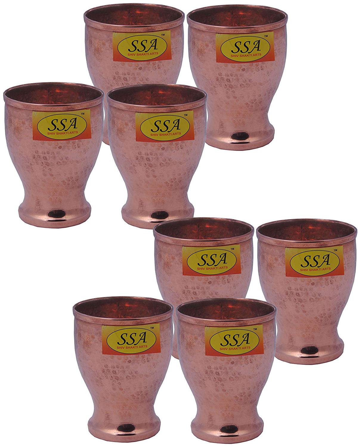 

Shiv Shakti Arts Handmade Pure Copper Hammered Glass With Wide Mouth Set of 8