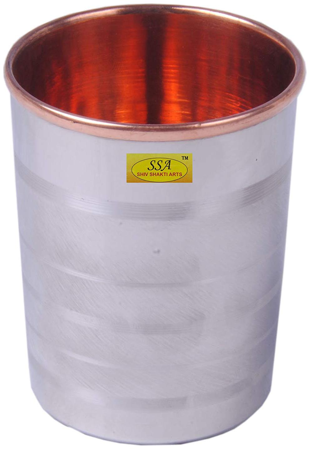 

Shiv Shakti Arts 3 6 X 2 8 Handmade Copper Stainless Steel Glass Volumen 250 ml For Drinking Water to Health Benefits Yoga Ayurveda