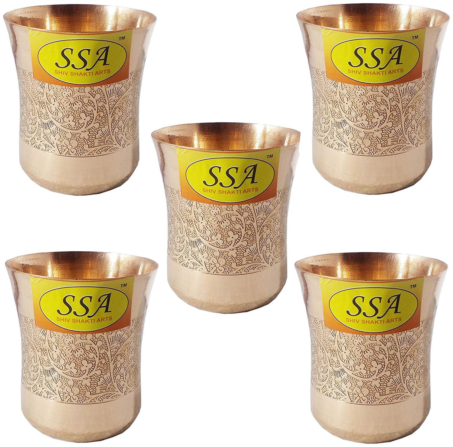 

Shiv Shakti Arts Handmade Set Of 5 Pure Copper Embossed Glass Tumbler Volume - 300 ml