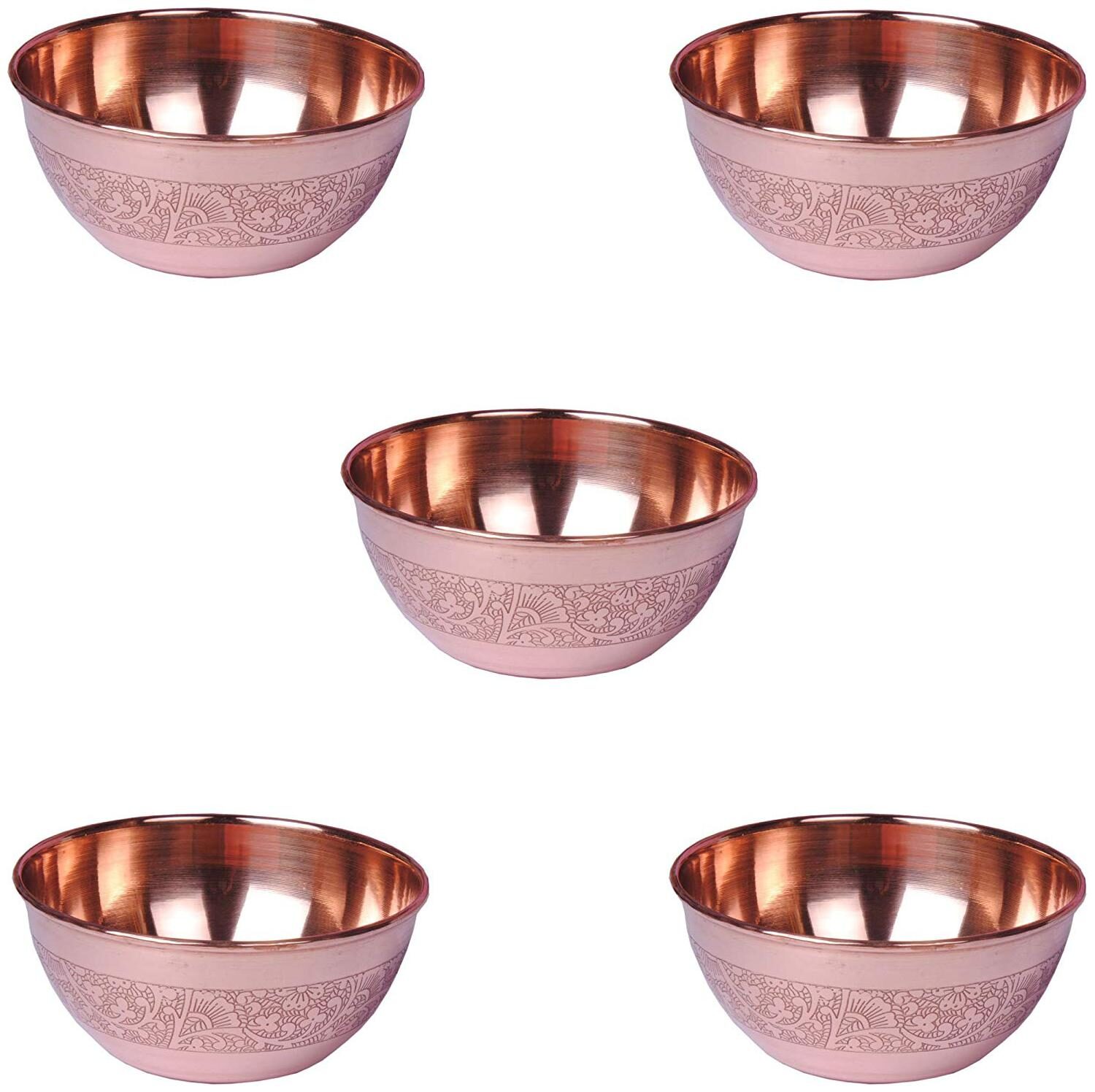 

Shiv Shakti Arts Set Of 5 Handmade Pure Copper Bowl Embossed Design Round Shape Volume 150 ml