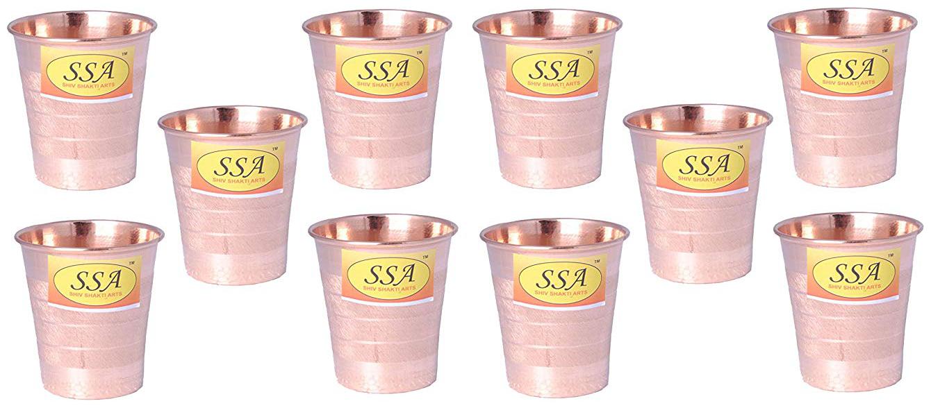 

Shiv Shakti Arts Handmade Pure Set Of 10 Copper Glass With Flat Base and Silver Touch Luxury Design Volume 200 ml