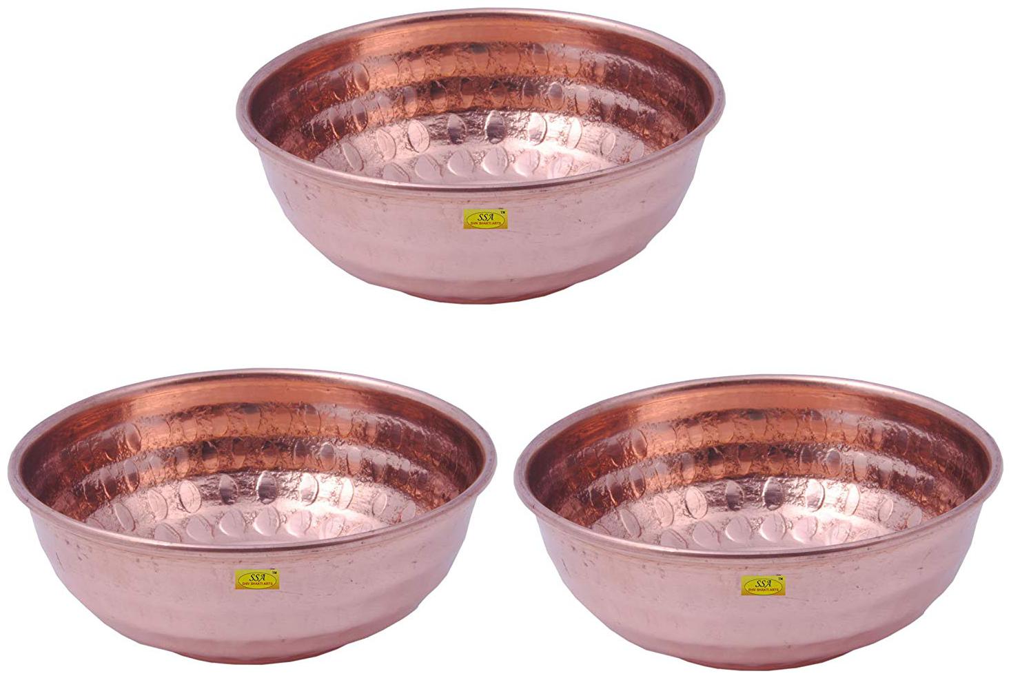 

Shiv Shakti Arts Handmade Pure Set Of 3 Copper Bowl Hammered Design Bowl With Curved Shape Volume 125 ml