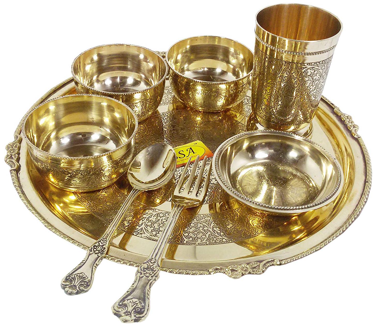 

Shiv Shakti Arts Brass Thali Set 8 pcs 3 brass bowls1 glass1 plate 1 Puding Plate 1 Fork and 1 Spoon restaurant ware Home Hotel
