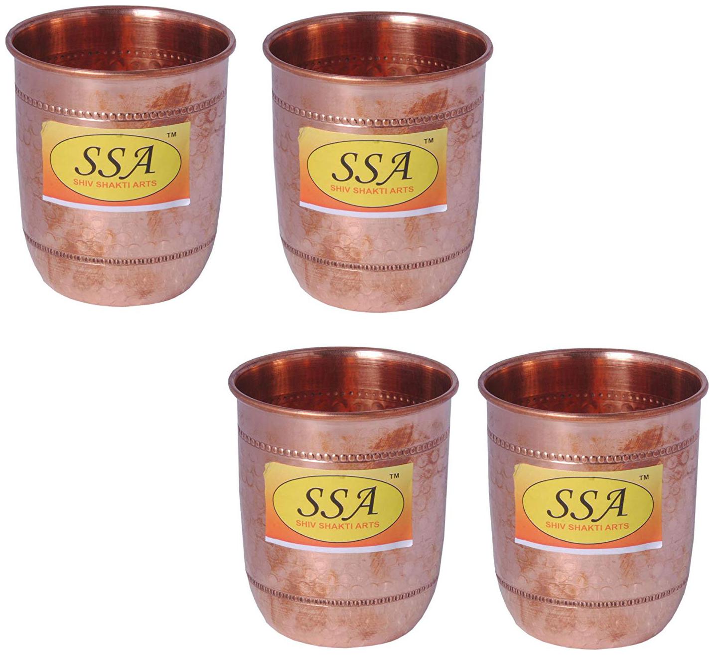 

Shiv Shakti Arts Handmade Pure Set Of 4 Copper Glass With Round Base and Hammered Design Volume 200 ml each