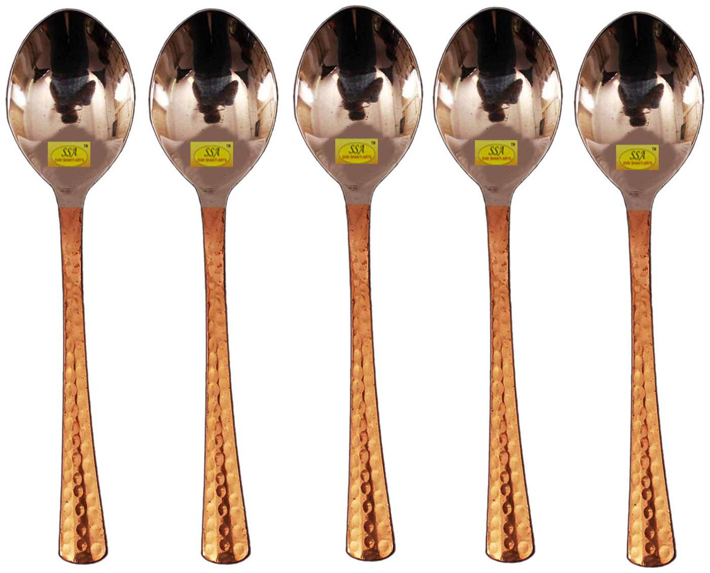 

Shiv Shakti Arts Handmade Pure Steel Copper Spoon Baby Spoon Tea Spoon Hammered Designed Homeware Hotelware Set Of 5