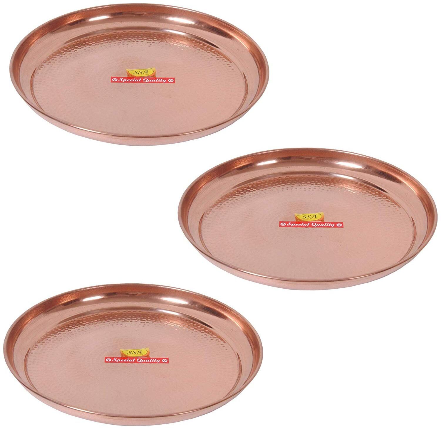 

Shiv Shakti Arts Handmade Pure Copper Plate Large Sized Hammered Deisgned Thali Dish Kitchenware Serveware Diameter-31 5 cm Set of 3