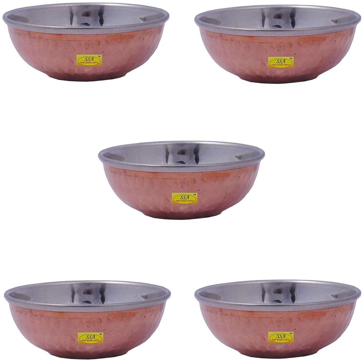 

Shiv Shakti Arts Handmade Pure Set Of 5 Steel Copper Bowl Hammered Design Curved Design Bowl Volume 200 ml