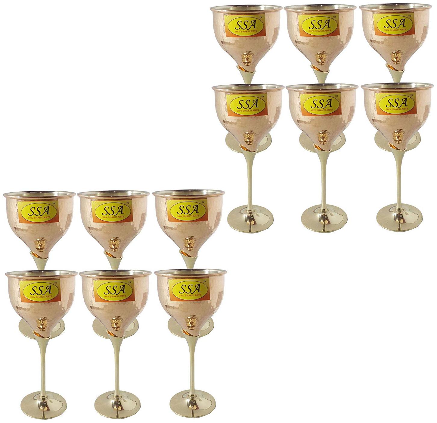 

Shiv Shakti Arts Handmade Pure Set Of 12 Copper Glass Chamapgne Design With Brass Base Inside Nickel Restaurant ware Volume 350 ml each