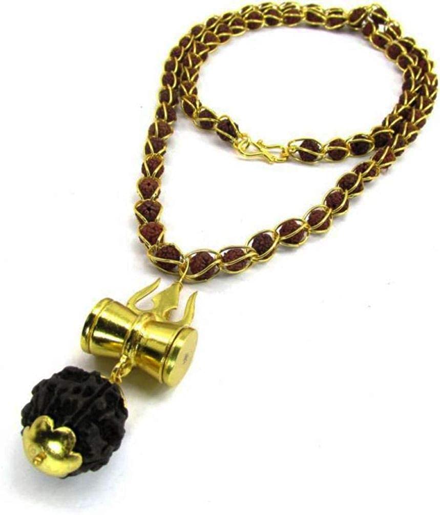 

SHIVMART Brown Shiv Shakti Kavach 5 Mukhi Rudraksha Mala with Trishul and Damru Brass Necklace