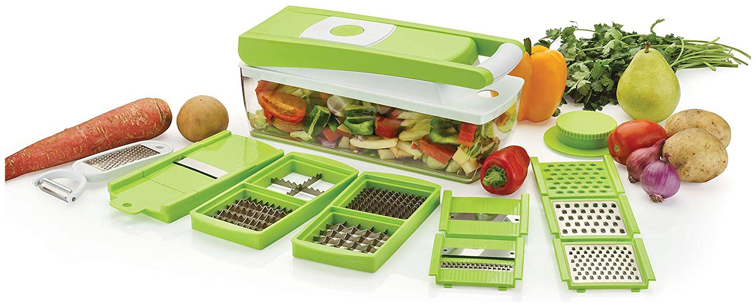 

Shopeleven Multipurpose Vegetable and Fruit Chopper Cutter Grater Slicer 1 large container with 13 different blades cutter (Pack of 1)