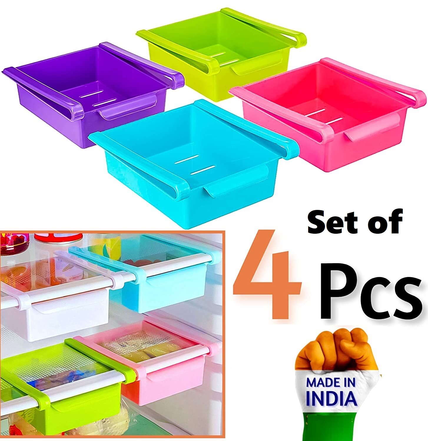 

ShopSwipe Set of 4 Fridge Storage Rack for Fruit Veg Vegetable Multi Purpose Refrigerator Space Saver Organizer Slide Storage Fridge Basket Shelf Drawer
