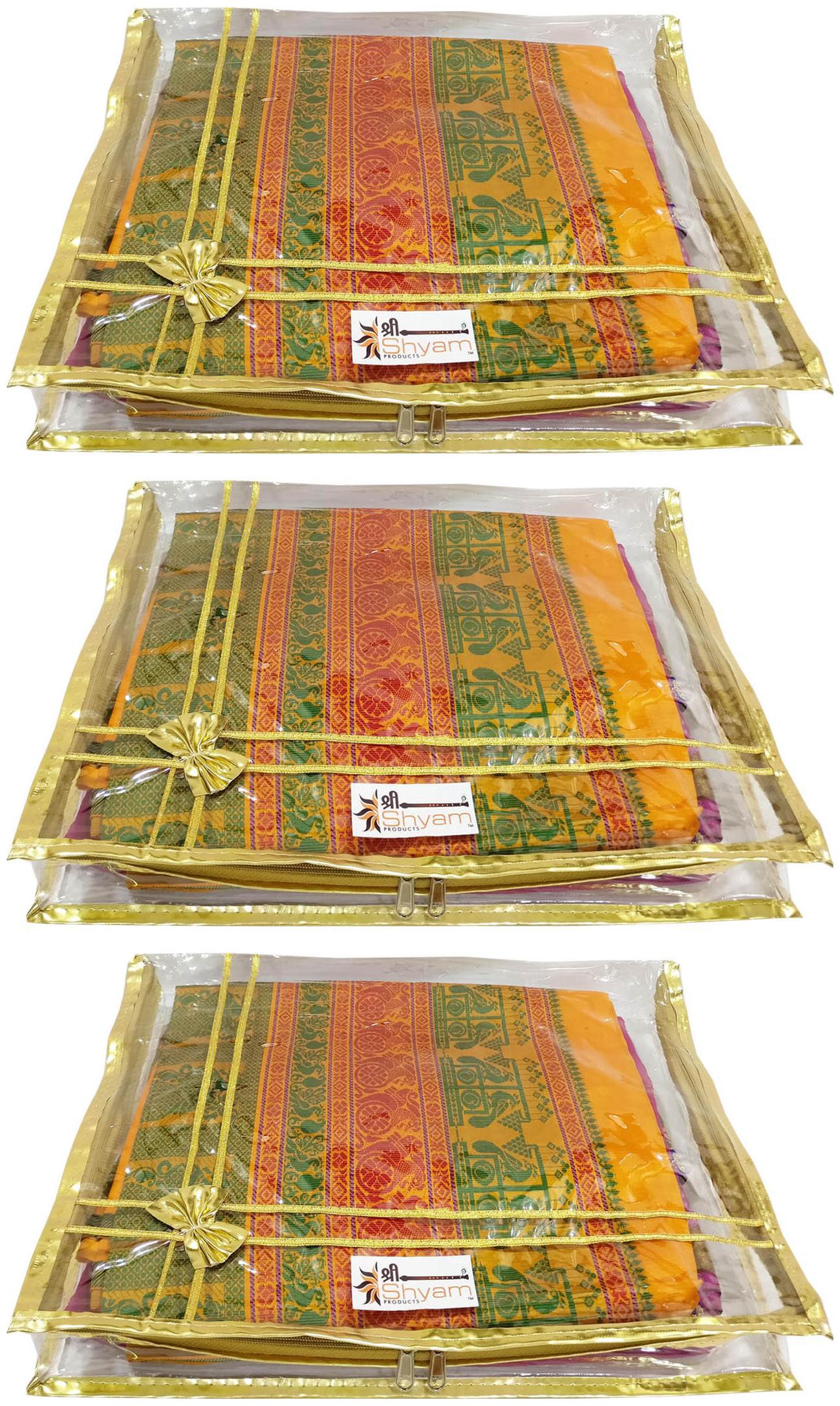 

Shree Shyam Products Transparent Golden Bow 2 inch Saree Cover 3 Pcs Set