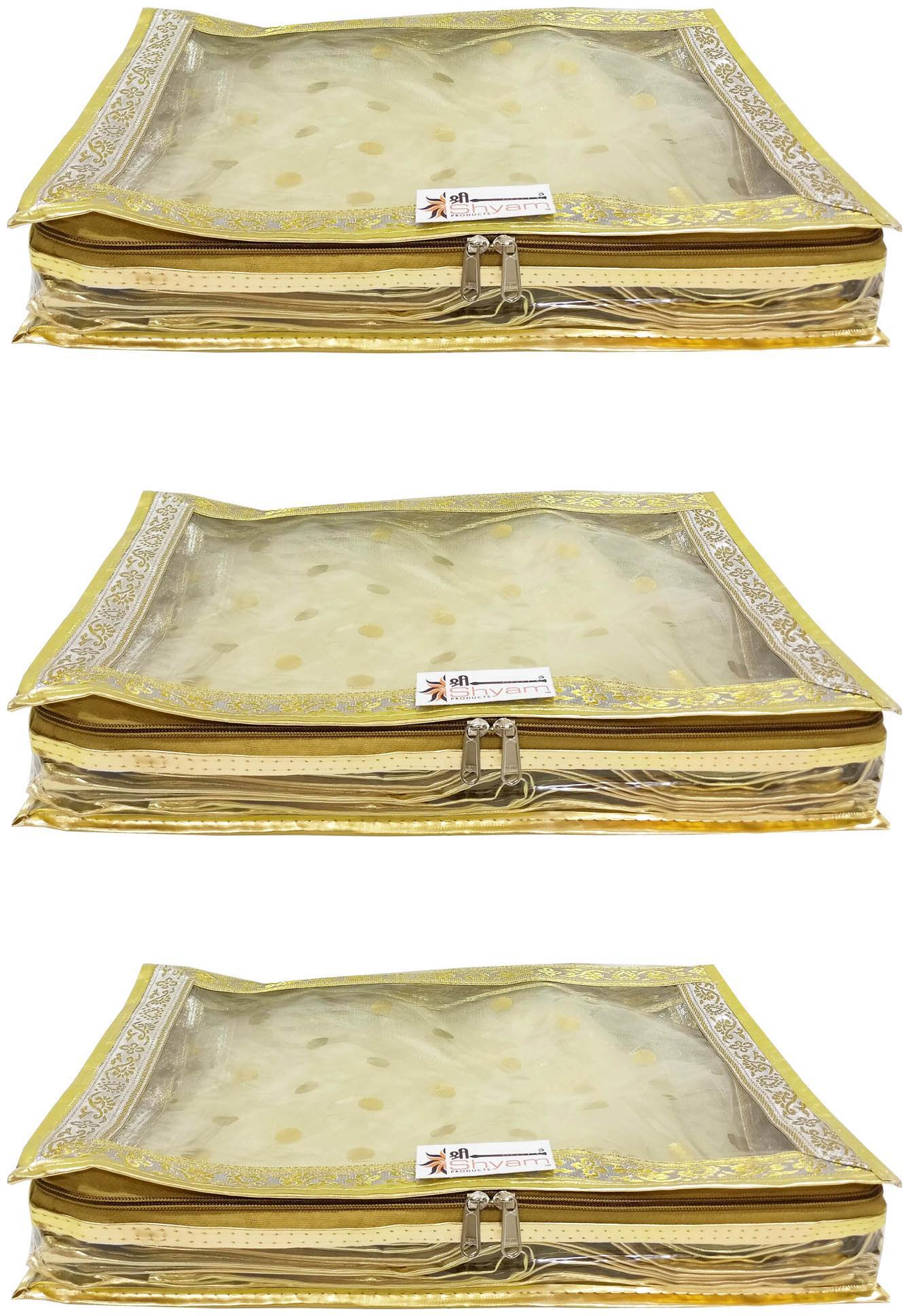 

Shree Shyam Products Transparent Golden Dot Tissue 2 inch Saree Cover 3 Pcs Set