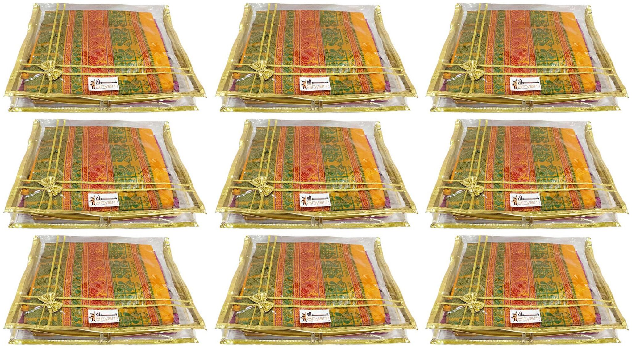 

Shree Shyam Products Transparent Golden Bow 2 inch Saree Cover 9 Pcs Set