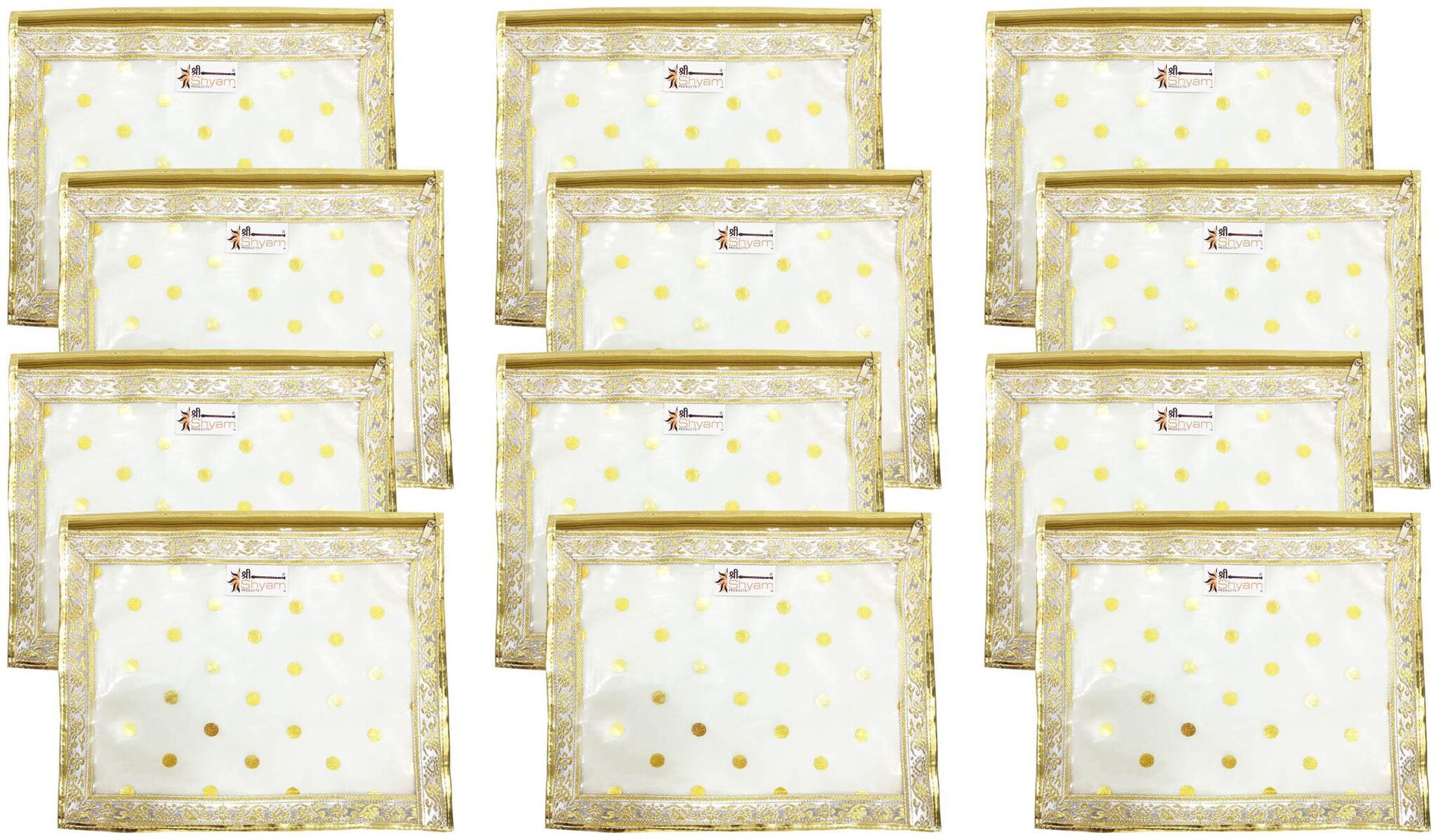 

Shree Shyam Products Golden Lace Border Polka Dot Transparent Single Saree Cover 12 pcs Set