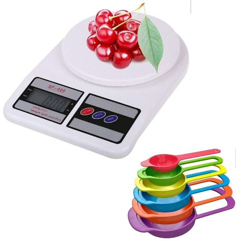 

Shrines Popular Combo - Multipurpose Portable Electronic Digital Weighing Scale Weight Machine (10 kg - with Back Light) 6 pcs Multi colors Measuring Cups and Spoons Set