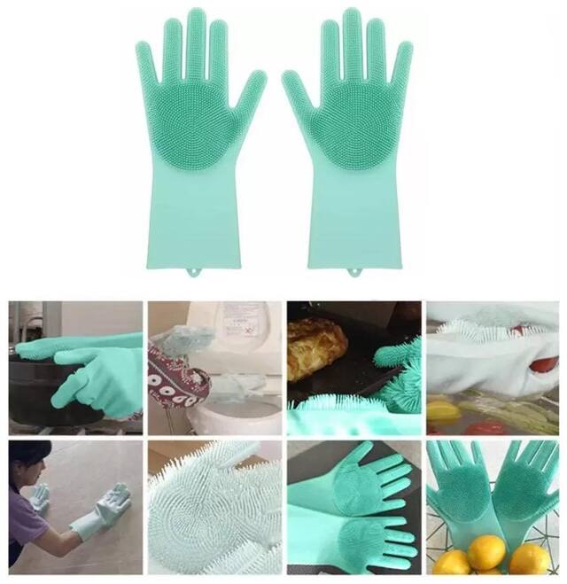 Silicone Gloves with Wash Scrubber Non-Slip for Household Cleaning Great for Protecting Hands in Dishwashing , Car Washing , Pet Grooming , Kitchen , Bathroom (1Pair) Assorted Color