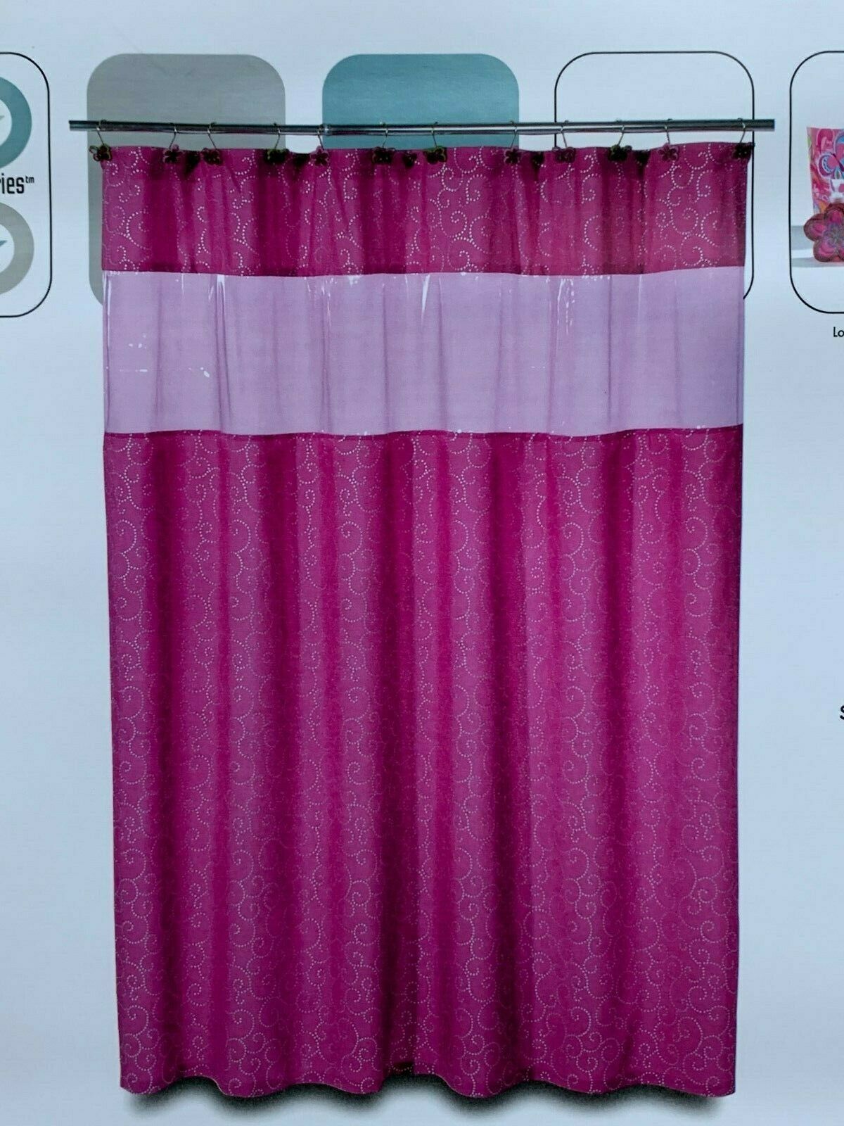 

Silver Dot Swirls Style Pink Fabric Shower Curtain with Clear View Top