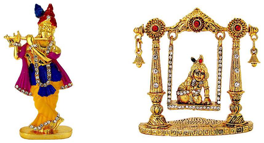 

Silver Plated Lord Krishna Murlidhar Oxidised Antique Gold Plated Lord Krishna Laddu Gopal on Swing Electroplated Religious Idol-Statue for Vastu Gift and Car