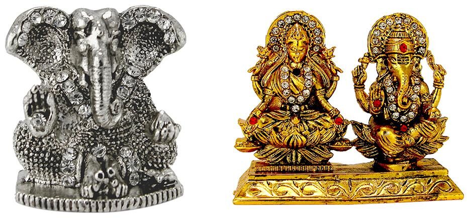 

Silver Plated Lord Ganesha Ganesh Oxidised Antique Gold Plated Lakshmi Ganesha On Lotus Flower Goddess Laxmi Lakshmi Ganesh Idol Oxidised Antique Electroplated Religious Idols for Vastu