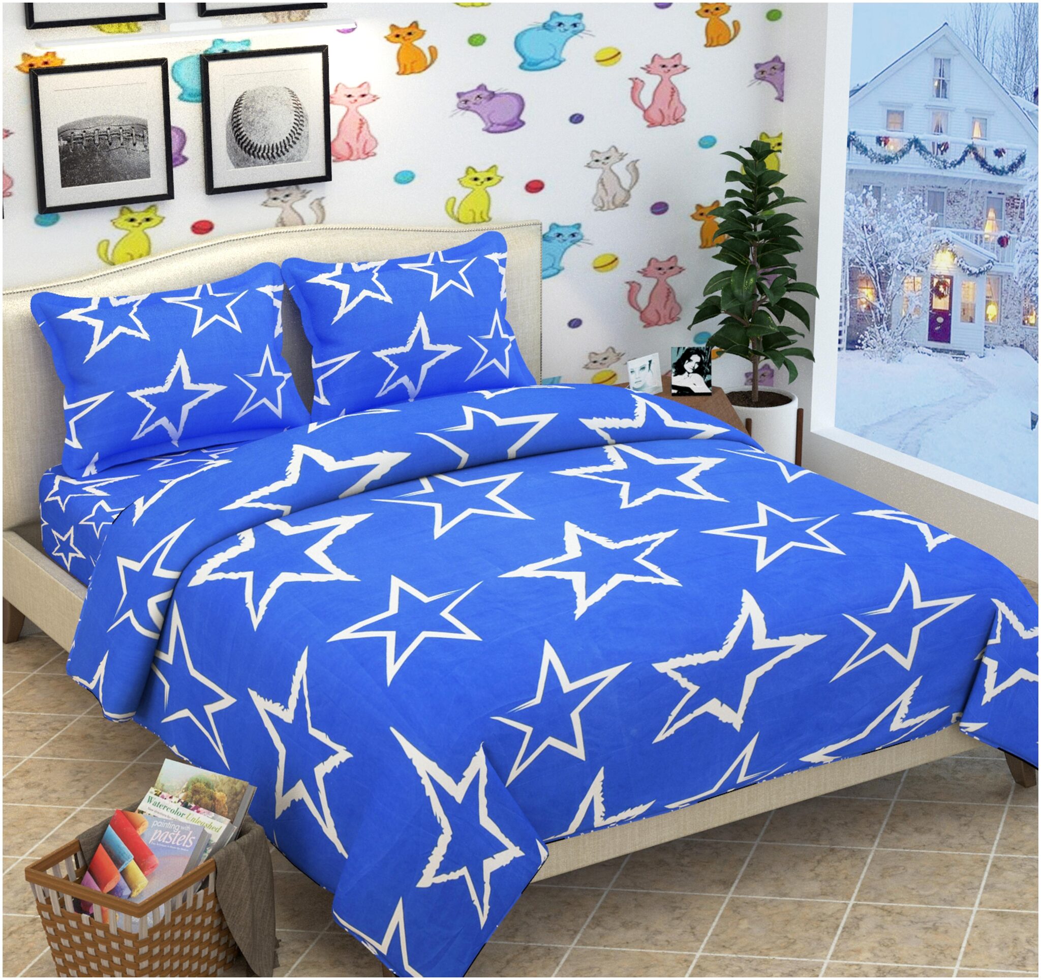 

Sky Tex Poly Cotton Color Stars Printed Double Bed Sheet with 2 pillow cover